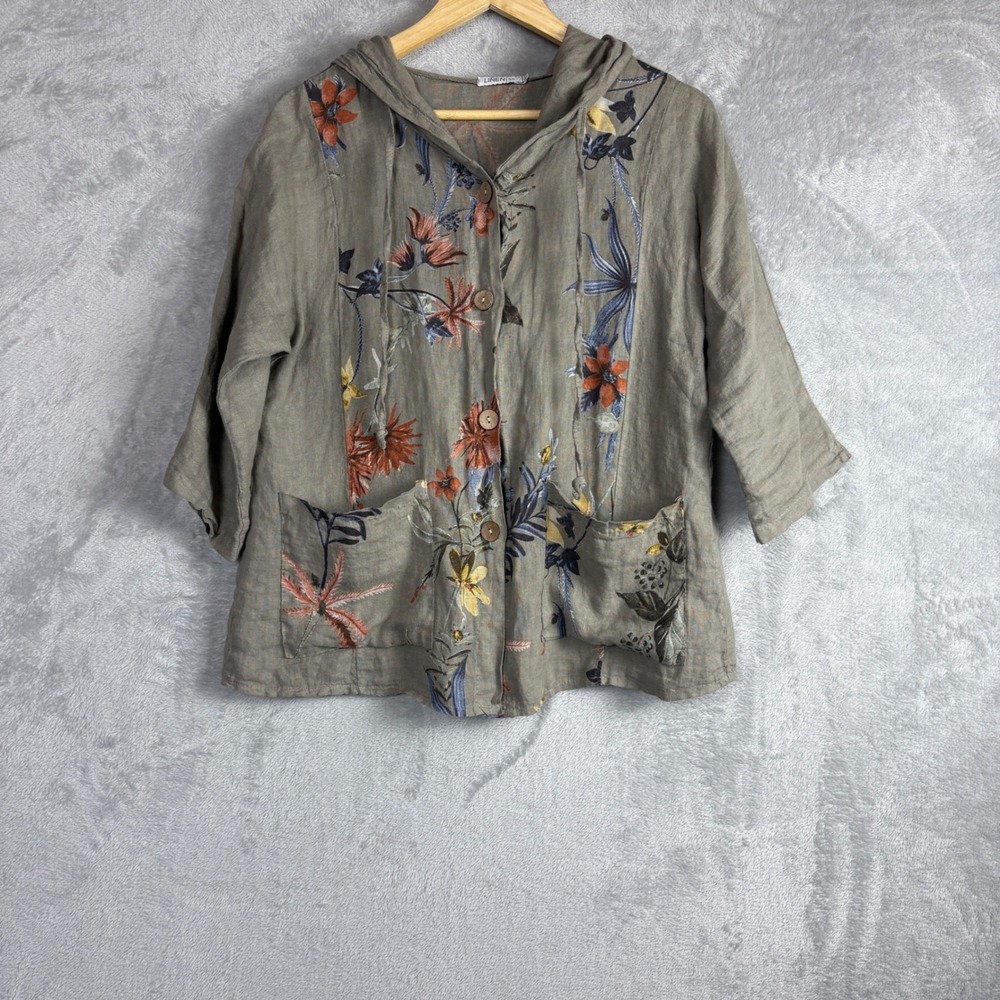 Linen Luv Blouse Shirt Size M Taupe Gray Hooded Floral Lagenlook Boho Artsy